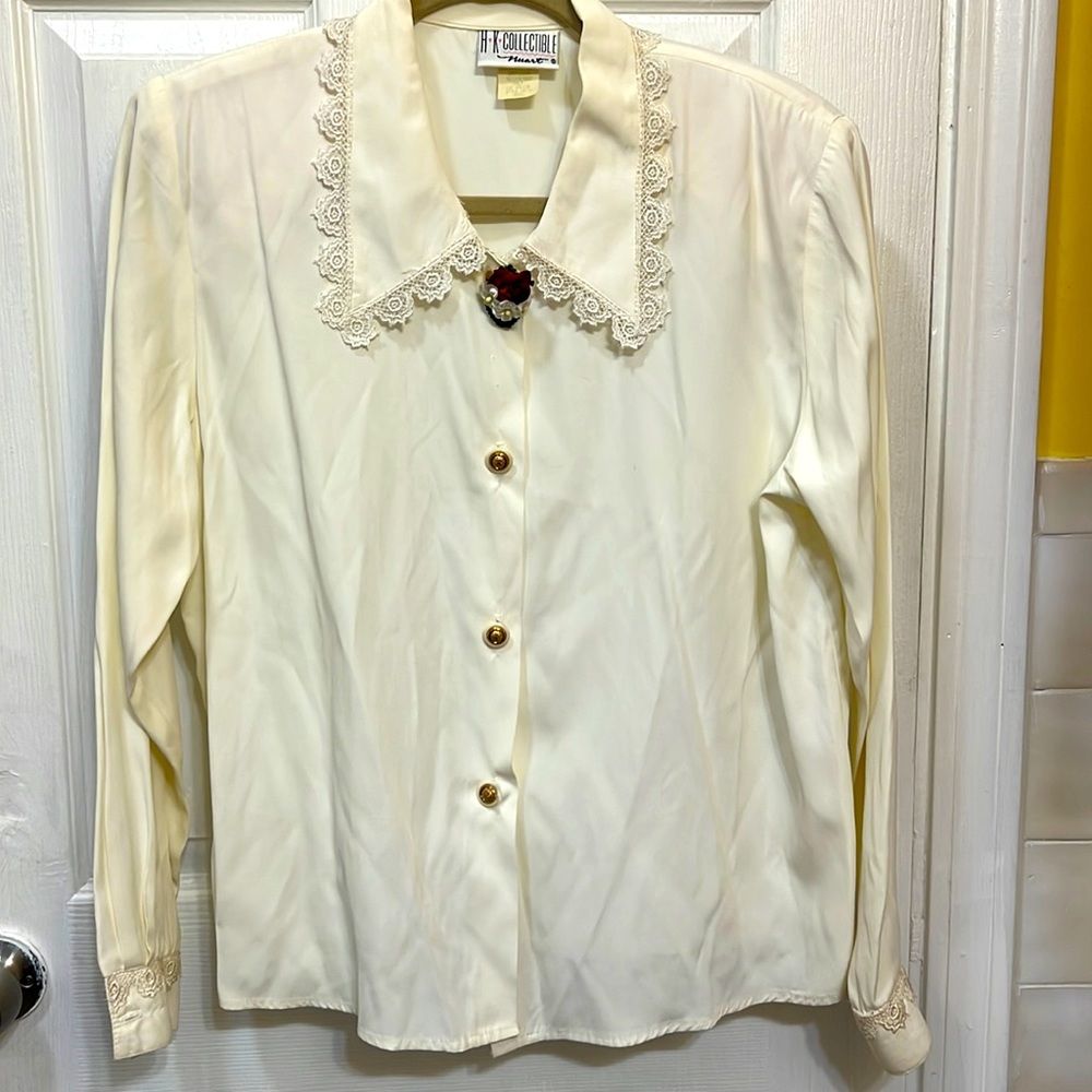 H K Collectible Vintage Top Laced Collar & Cuffs Long Sleeves Off White Size S